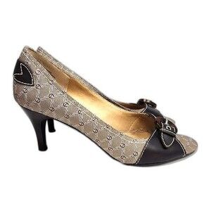 Etienne Aigner Celt Brown Leather and Monogram Fabric Peep Toe Heels Size 9.5